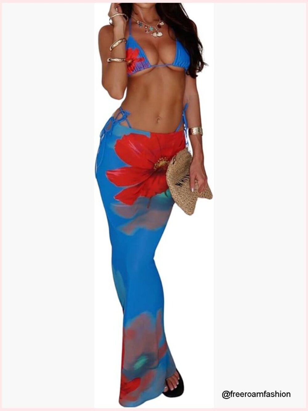 3 Piece Floral Bikini Set with Mesh Cover Up Skirt
